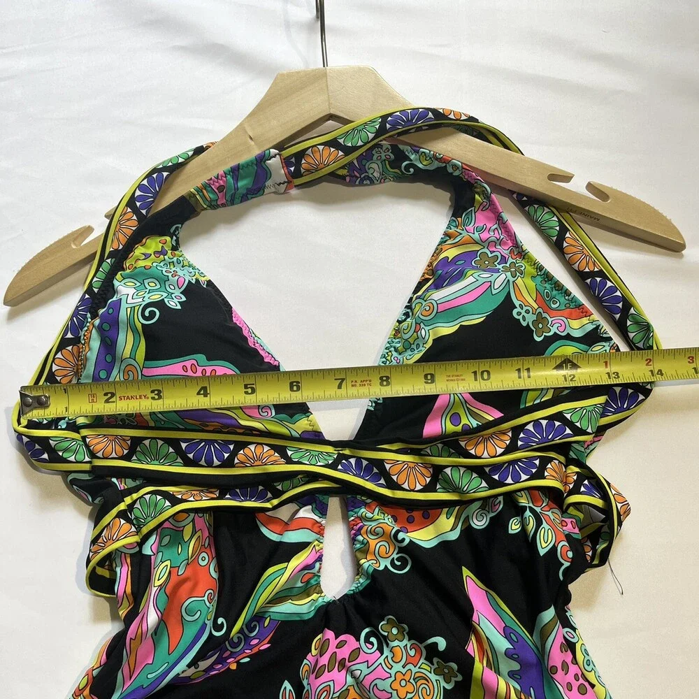 Trina Turk Sea Garden Print Black One Piece Swimsuit 4 Plunge Halter Back Tie